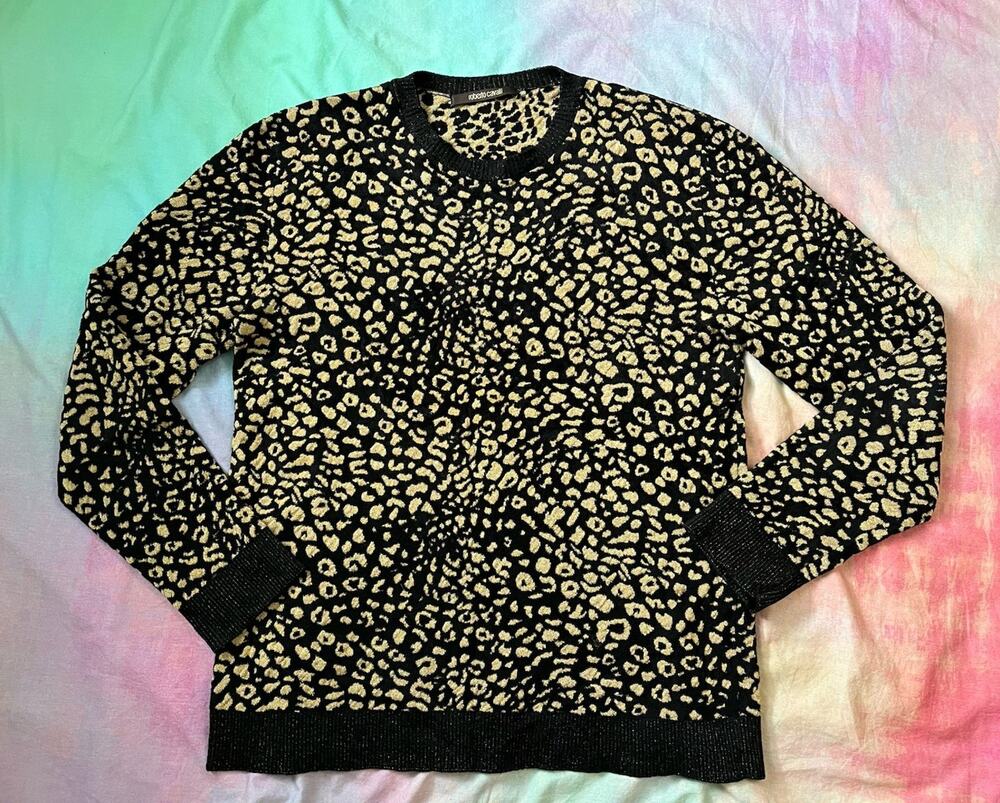 Roberto Cavalli Black Gold Metallic Leopard Animal Cheetah Print Sweater Sz XXL